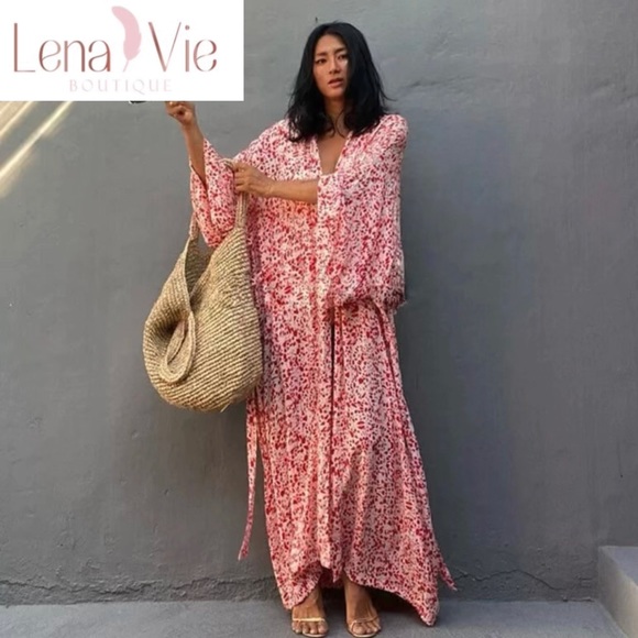 Palie Pink Leopard Long Cotton Kimono Duster, Leopard Beach Maxi Coverup, S-3X - Picture 6 of 10